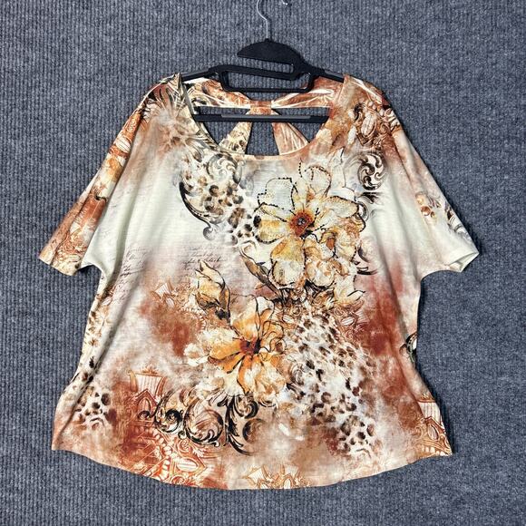 New Directions Womens Blouse Size 2X Floral Sequins Artsy Boho Short Sleeve - Picture 1 of 8